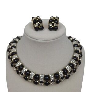 Vintage Black Stone Agate Collar Necklace Earrings Set Gold Tone Crystals Beaded